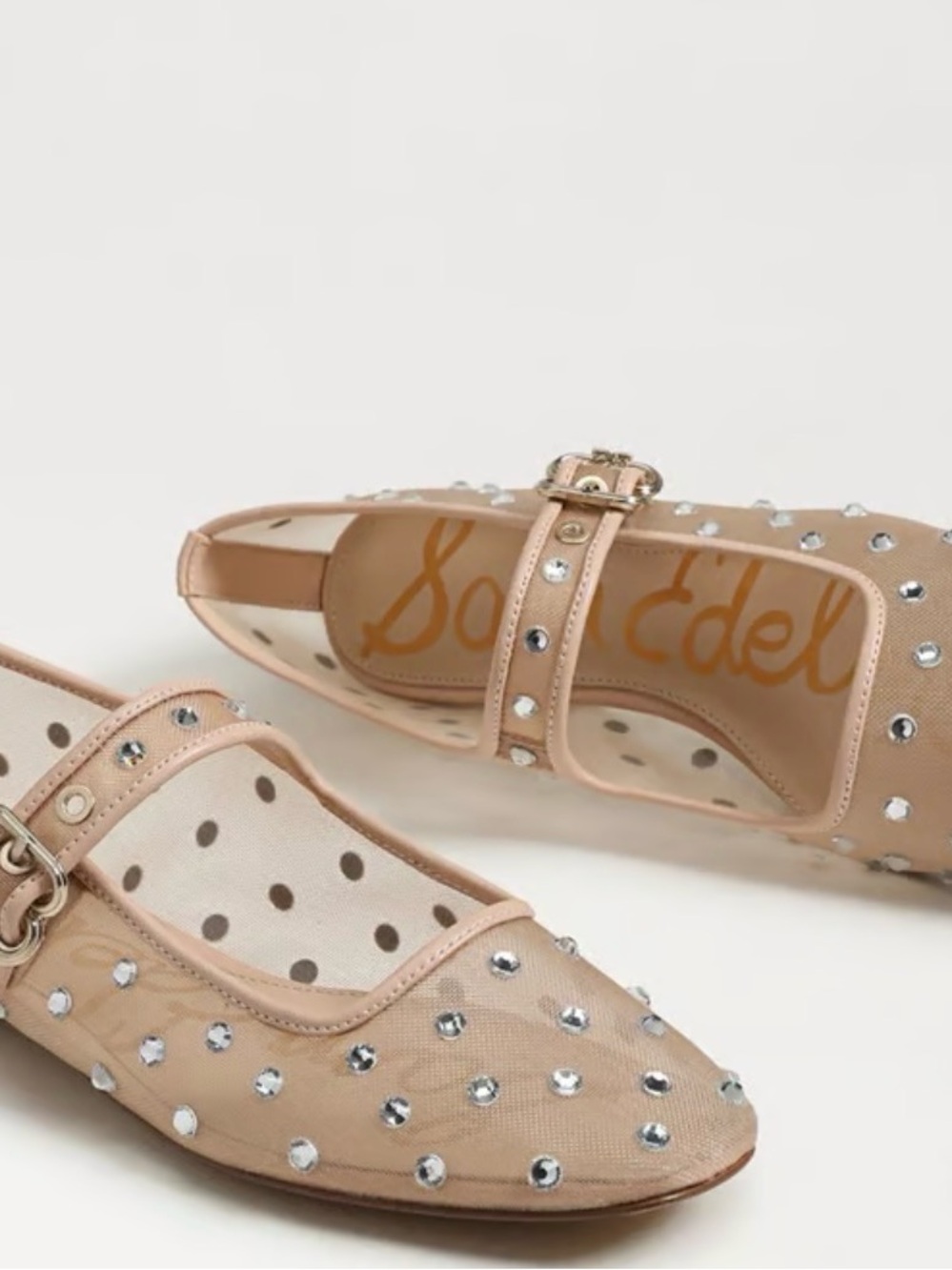 Sam Edelman Nude Mesh Mary Jane Flats with Crystal Studs